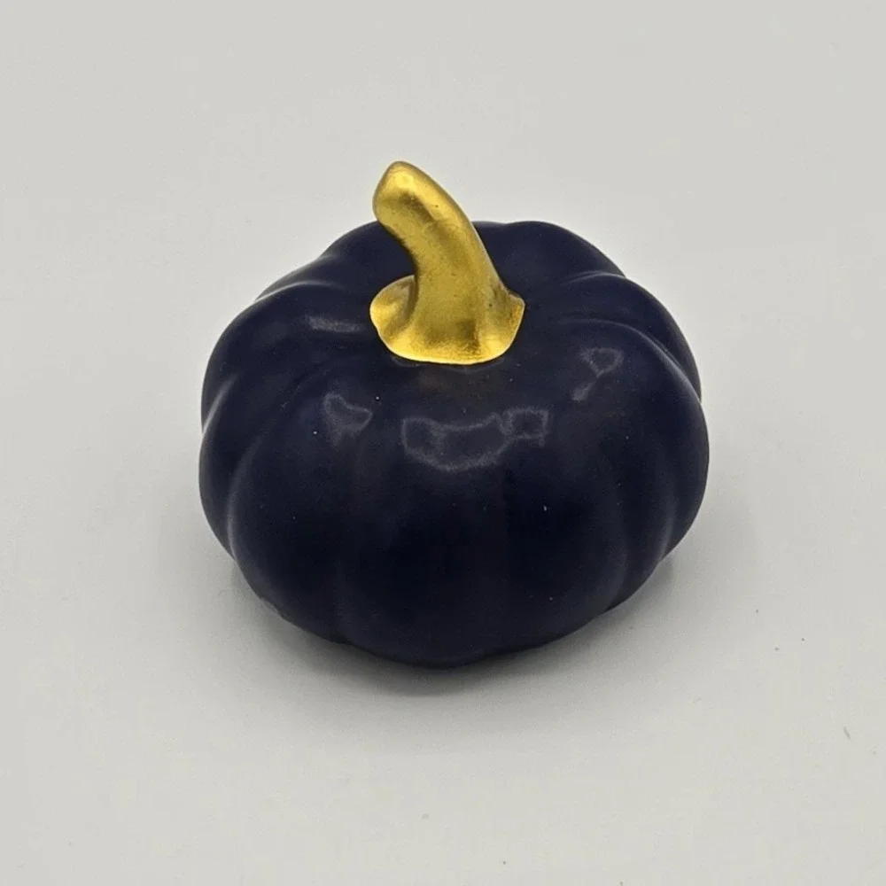 Small Navy Blue Ceramic Pumpkin Figurine Gold Color Stem‎